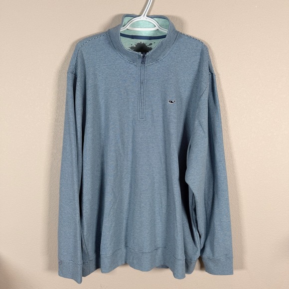 Vineyard Vines 1/4 Zip Pullover Sweater Whale Logo Mens 2XL Blue Striped read - Picture 2 of 7